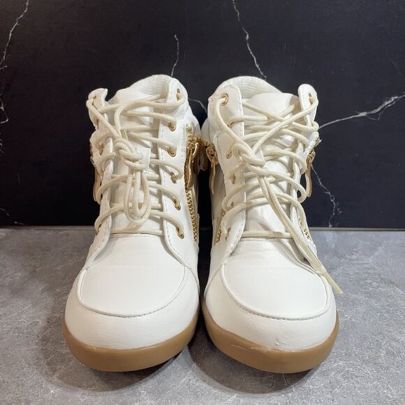 🤍 Girls White Leatherette Wedge Sneakers | Side Zip Lace-Up Hidden Heel Shoes - Picture 2 of 6
